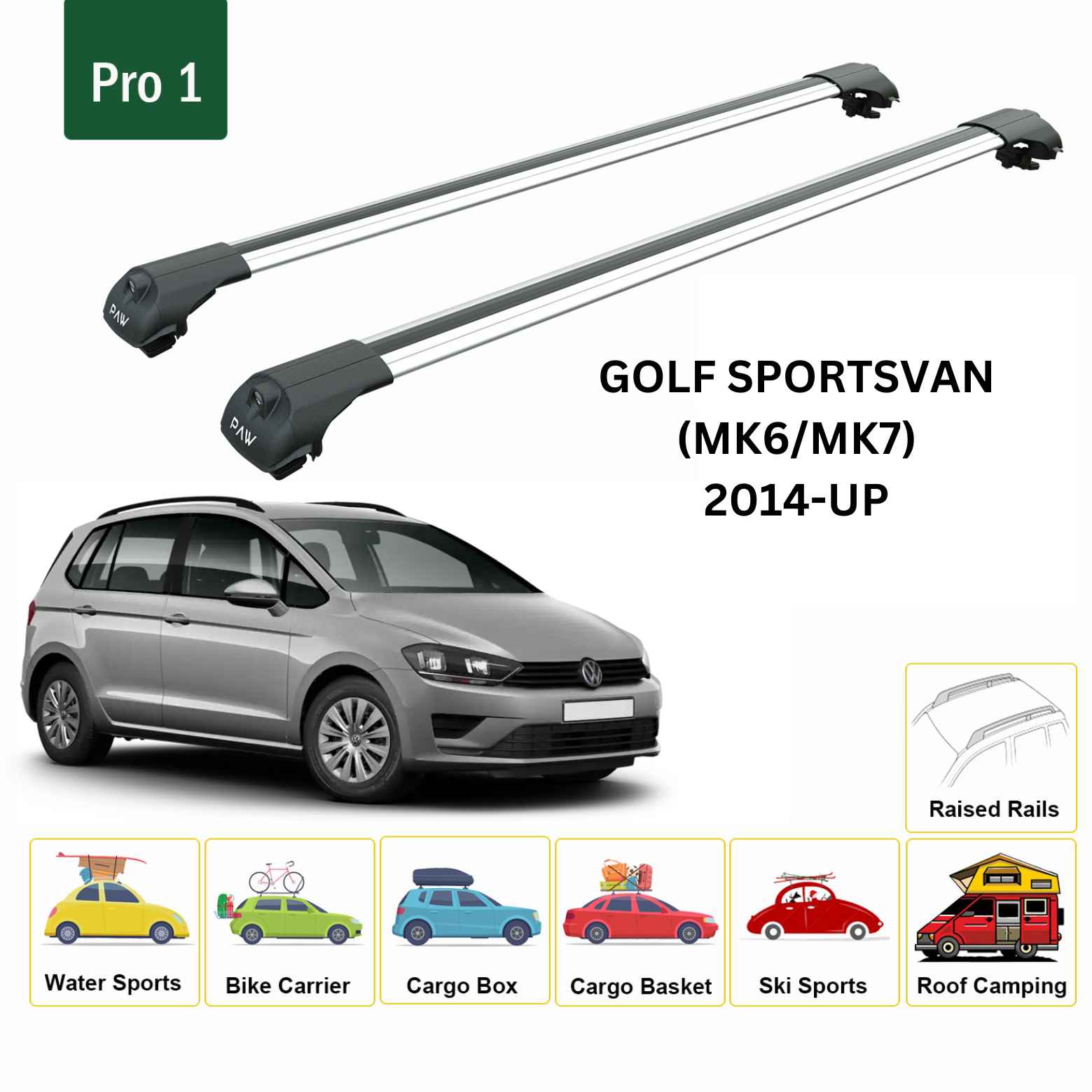 For Volkswagen Golf Sportsvan (MK6/MK7) 2014-Up Roof Rack Cross Bar Raised Rail Alu Silver For Volkswagen Golf Sportsvan (MK6/MK7) 2014-Up Roof Rack Cross Bar Raised Rail Alu Silver